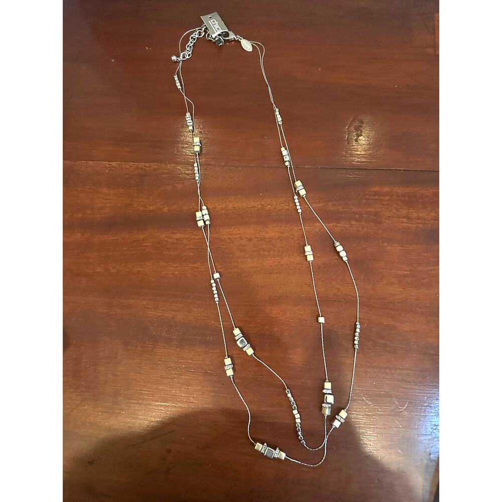 Chico's Gold Silver Square Cube Beaded Chain Long Necklace NWT Classic 33" - 36"